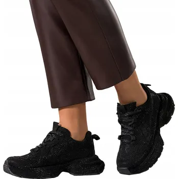 Dámské tenisky Černé dámské SNEAKERS na platformě s LESKLÝMI Zirkony, šněrovací, velikost 38
