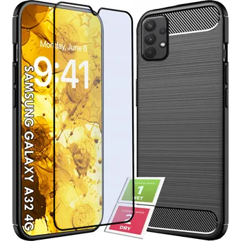 Pouzdro na mobilní telefon POUZDRO KARBON ČERNÉ pro SAMSUNG GALAXY A32 4G CASE + SKLO PLNÉ 5D