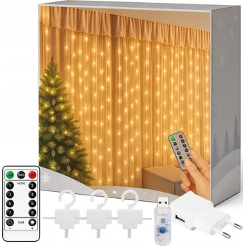 Vánoční dekorace SVĚTELNÝ ZÁVĚS 300 LED TEPLÁ BÍLÁ 3x3 USB VÁNOČNÍ NA STROMEČEK DRÁTKY DÁLKOVÉ OVLÁDÁNÍ