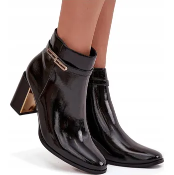 Dámská zimní obuv DÁMSKÉ KOTNÍKOVÉ BOTY LAKOVANÉ NA SLOUPEČKU SE ZRCADLOVÝM PRVKEM ZIP ČERNÉ 39