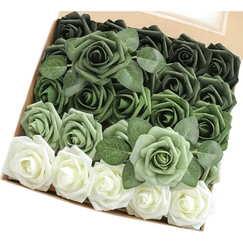 umělá květina Bukiet róż zestaw 25szt kolorowe mix zielone Dekorativní umělé růže - Kytice 25 ks, barevný mix se zelenými doplňky