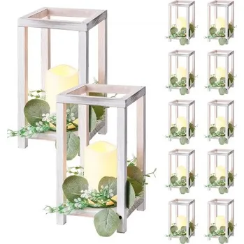 Svatební dekorace VEVOR 12 sada/36 ks dřevěná svatební lucerna, obsahuje 12 dřevěných svícnů, 12 bezplamenných LED svíček, 12 věnců z eukalyptových listů pro svatební stůl, párty, farmářskou dekoraci, bílá