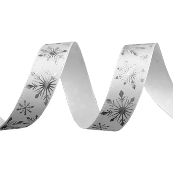 Stuha Vánoční saténová stuha vločky šíře 15 mm, střední, 1 bílá stříbrná