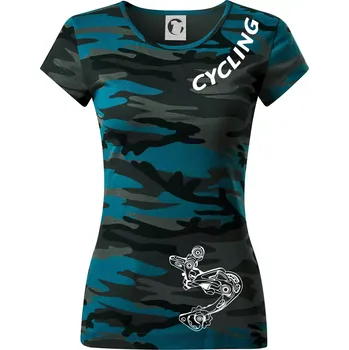 Cycling nápis šikmo - Dámské maskáčové triko - S ( Petrolejová maskáč )