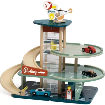 Dětské zboží Dřevěné víceúrovňové parkoviště CLASSIC WORLD s autem, helikoptérou, myčkou a čerpací stanicí