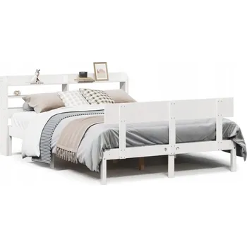 Postel Dřevěná borovicová postel s policemi, 222,5 x 170 x 82 cm, bílá