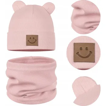 Čepice Dětská souprava, set: ČEPICE + NÁKRČNÍK Podzimní BAVLNA 95%, Velikost 44-48, Růžová