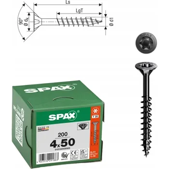 Vrut Vruty do dřeva SPAX 4x50mm torx, částečný závit, zápustná hlava, černé, 200 ks