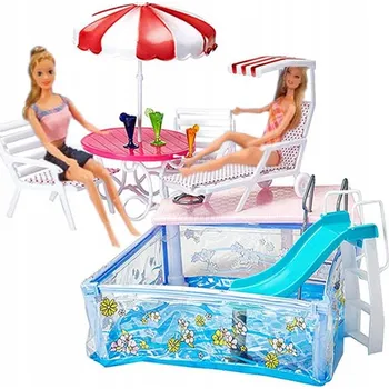 Panenka BAZÉN 1869 NÁBYTEK LEHÁTKA + SLUNEČNÍK domeček pro panenky nábytek panenka velké šaty