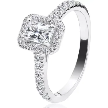 Prsten Stříbrný prsten 925 - obdélníkový zirkon, čirý rámeček, ramena ze zirkonů - Velikost: 49