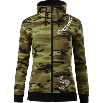 Dámská mikina Cycling nápis šikmo - Dámská mikina trendy zipper s kapucí - S ( Zelený maskáč )