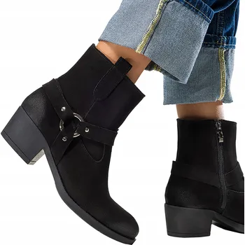 Dámská zimní obuv Kotníkové Boty Černé Dámské KOVBOJSKÉ BOTY Ozdobný Pásek POLSKÝ VÝROBEK vel. 40