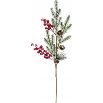 umělá květina Větvička s jeřabinami a šiškami, zasněžená, 65 cm