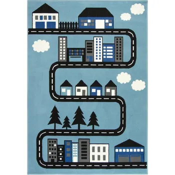 Koberec 100 x 150 cm KOBEREC MODRÝ ČERNÝ CESTA ULICE DOMKY LUNA KIDS