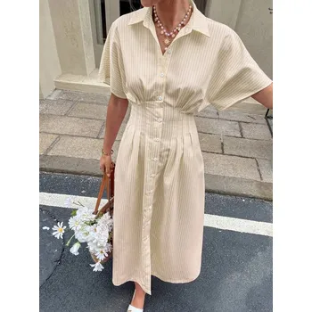 Dámské šaty SHEIN BÉŽOVÉ KOŠILOVÉ ŠATY S PROUŽKY (M)