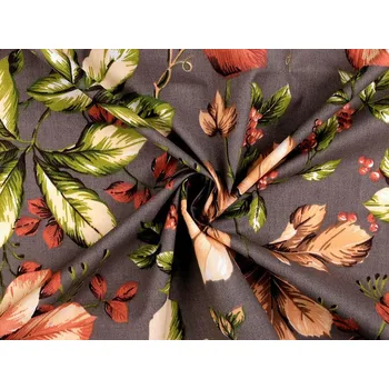 Bavlněná látka / plátno podzimní listy METRÁŽ - 2 (22333-2) šedá