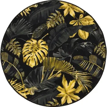 Koberec PROTISKLUZOVÝ KOBEREC KULATÝ ČERNÝ ZLATÝ MONSTERA LISTY PALMY prům. 200 cm