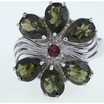 Prsten My Moldavite Stříbrný prsten s vltavíny a granátem 083-645 57 mm
