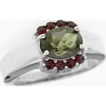 Prsten My Moldavite Stříbrný prsten s vltavínem a granáty 165G-1714 60 mm