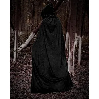 Obraz Černá dlouhá sametová halloweenská Plášť s kapucí 150 cm