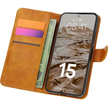 Pouzdro na mobilní telefon Pouzdro s klopou Bizon pro Xiaomi 15, hnědé