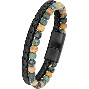 Náramek AKRON černý pánský kožený náramek se zelenými korálky délka 19cm