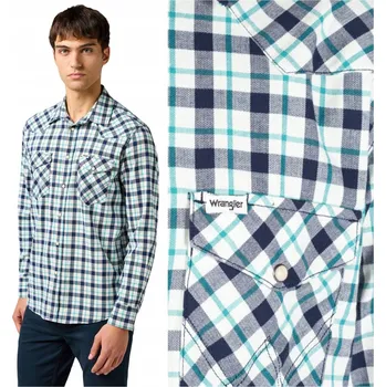 Pánská košile Pánská košile Wrangler modrá kostkovaná bavlněná s dlouhým rukávem L