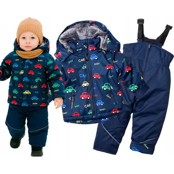 Chlapecká zimní kombinéza Dvoudílná zimní kombinéza bunda tmavě modrá AUTA kožíšek 4 98 104