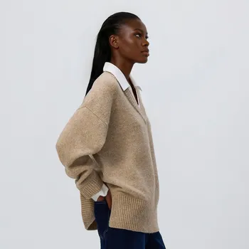 Dámský svetr Reserved - Svetr s&nbsp;košilovým límcem - béžová - 273GV-80M - 273GV-80M-XL