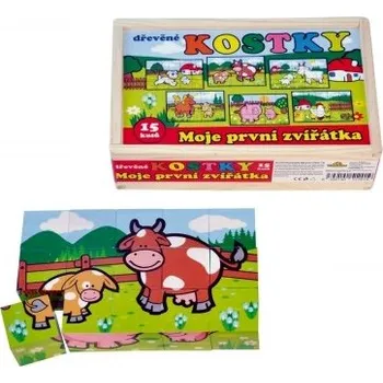 Dřevěná hračka Teddies Kostky kubus Moje první zvířátka dřevo 15ks v dřevěné krabičce