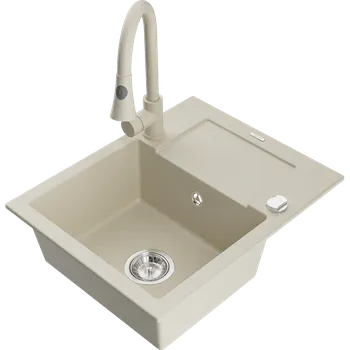 Granitový dřez Mexen Enzo, 1-komorový granitový dřez 576x465x174 mm a dřezová baterie Elia, béžová, 6506-69-670101-69