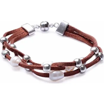 Náramek Perly a kovové korálky náramek kožený trojitý obvod cca 20 cm