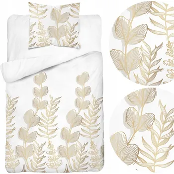 Povlečení Povlečení saténové 140x200 Bílé se zlato-béžovými listy - elegantní vzor