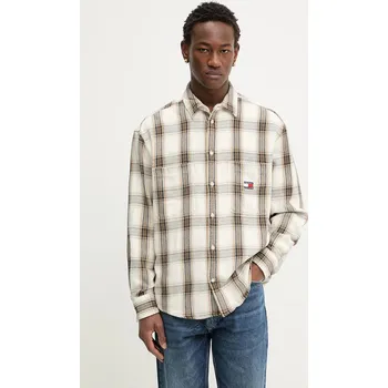 Pánská košile Bavlněná košile Tommy Jeans pánská, béžová barva, regular, s klasickým límcem, DM0DM22411 12A, vel. M