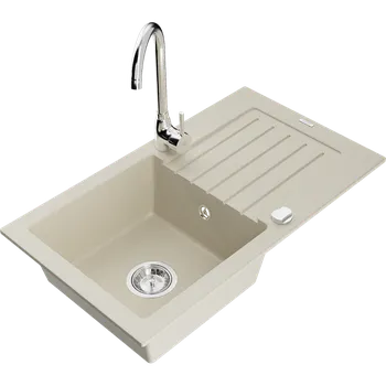 Granitový dřez Mexen Pablo, granitový dřez 752x436x161 mm, 1-komorový a chromová baterie Telma, béžová, 6510-69-670200-00