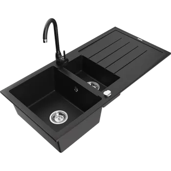 Granitový dřez Mexen Andres 1,5-komorový granitový kuchyňský dřez s odkapávačem 100x50 cm a kuchyňská baterie Telma, černá, 6515-77-670200-70