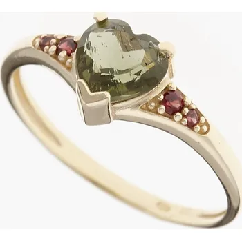 Prsten My Moldavite Zlatý prsten s vltavínem a granáty - srdce 3294-6303 59 mm