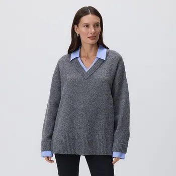 Dámský svetr Reserved - Svetr s košilovým límcem - středně šedá - 273GV-85M - 273GV-85M-XL