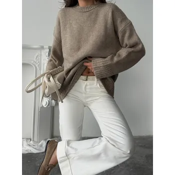 Dámský svetr Black Fashion Béžový oversized pletený svetr Classic Cozy Knit Velikost: One size