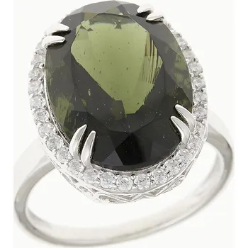 Prsten My Moldavite Stříbrný prsten s vltavínem a zirkony 23-12735 58.5 mm