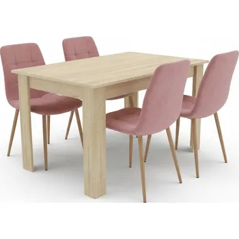 Jídelní set 1 + 4, stůl UMEKO 120x80 cm dub sonoma + růžová sametová židle KARA