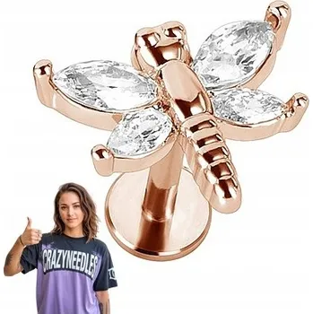 Náušnice Labret piercing - vážka s bílými krystalky - růžové zlato 1,2/6