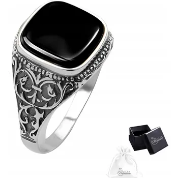 Prsten Stříbrný pečetní prsten ryzost 925 Stylový lehký prsten s onyxem pro muže | vel. 26