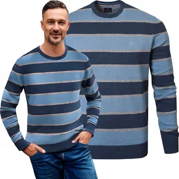 Pánský svetr Pako Jeans svetr Klasický bavlněný pánský svetr s proužky modrý kulatý výstřih velikost XL