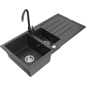 Granitový dřez Mexen Andres 1,5-komorový granitový kuchyňský dřez s odkapávačem 100x50 cm a kuchyňská baterie Telma, černá-skvrnitá, 6515-76-670200-76