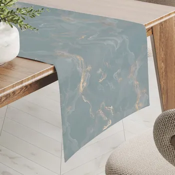 ubrus Sametový běhoun na stůl Isabela IBL-020 Zlatý/kouřový mramor na světle modrošedém 20x160 cm