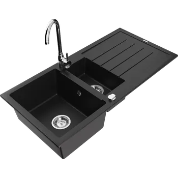 Granitový dřez Mexen Andres 1,5-komorový granitový kuchyňský dřez s odkapávačem 100x50 cm a kuchyňská baterie Telma, černá, 6515-77-670200-00