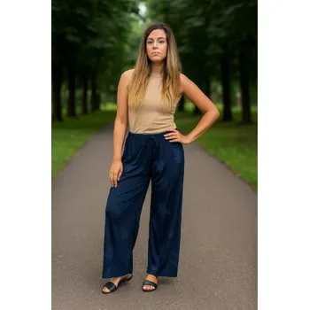 Dámské kalhoty NOVINKA- Volné kalhoty s velkým květinovým vzorem - tmavě modré