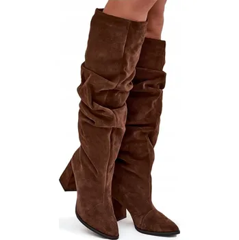 Dámské kozačky DÁMSKÉ SEMIŠOVÉ KOZAČKY NA SLOUPOVÉM PODPATKU ŘASENÉ VSAZOVACÍ ZAZOO 4228 HNĚDÉ 40