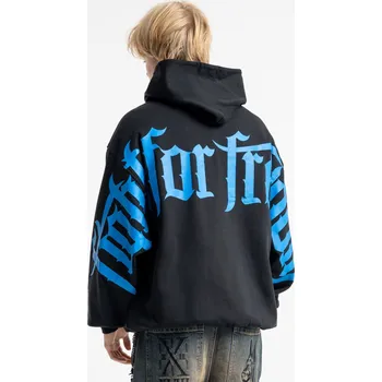 Chlapecká mikina Reporter Young | Chlapecká černá OVERSIZE mikina s kapucí a modrým gotickým potiskem „FOR FREE“ na zádech - Barva ČERNÁ, Velikost 176/182 253-0551B-56-100-1